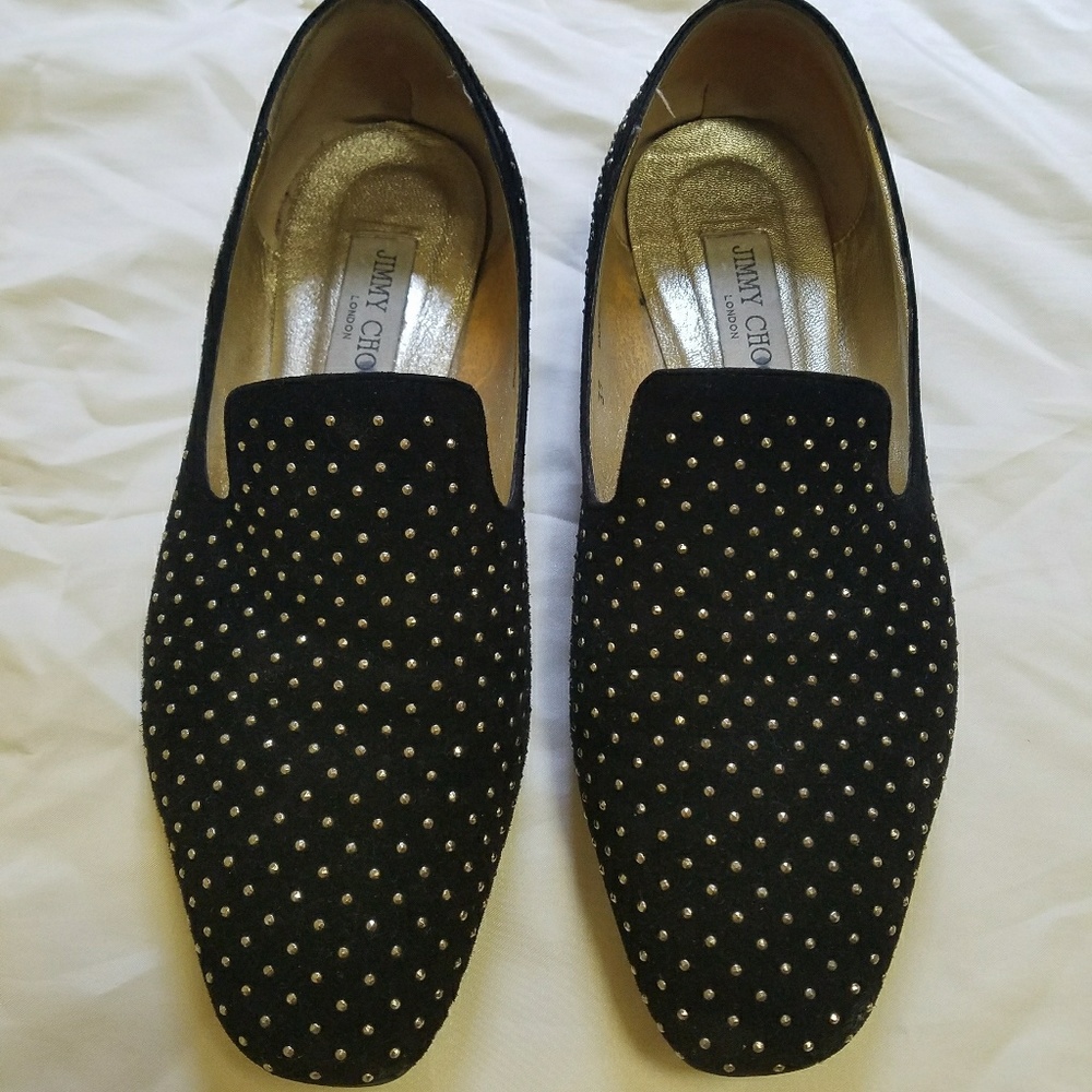 Jimmy Choo Black Suede Slippers w Gold Studs